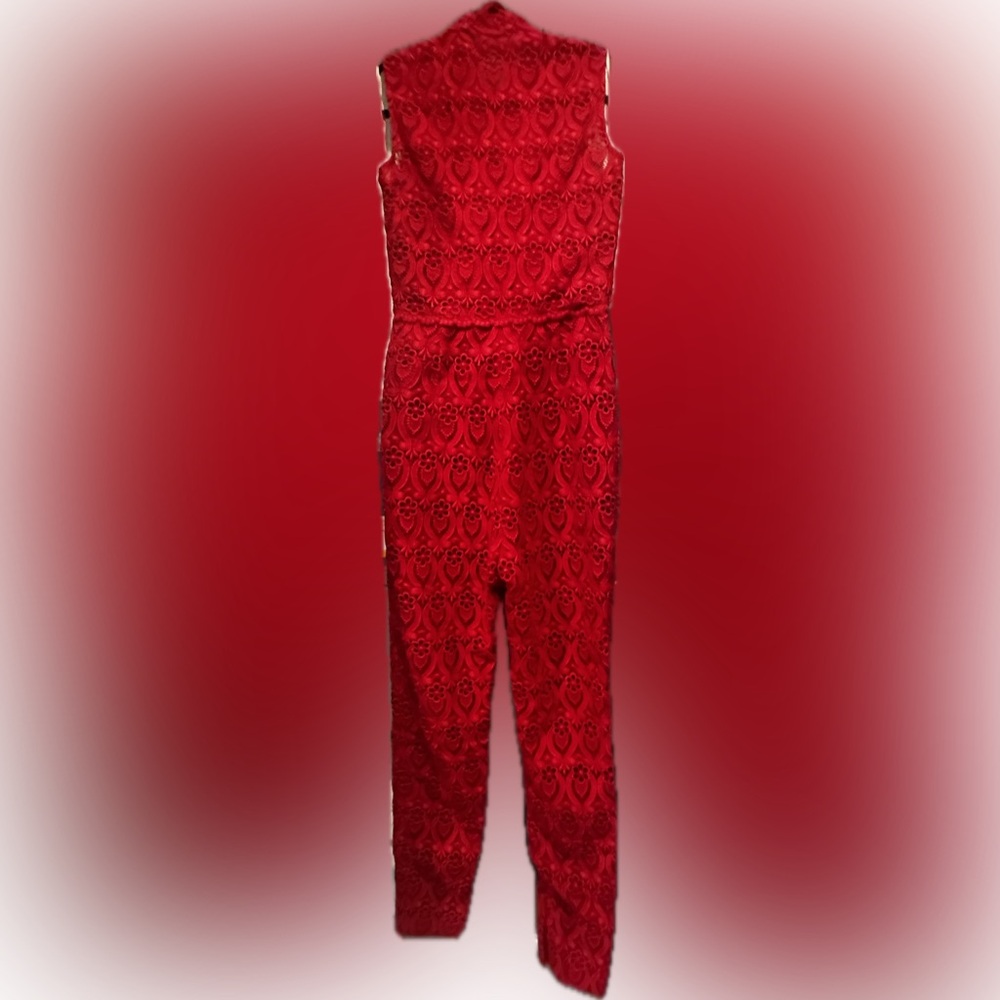 Valentino Jumpsuit with button down back and short matching cape in red lace